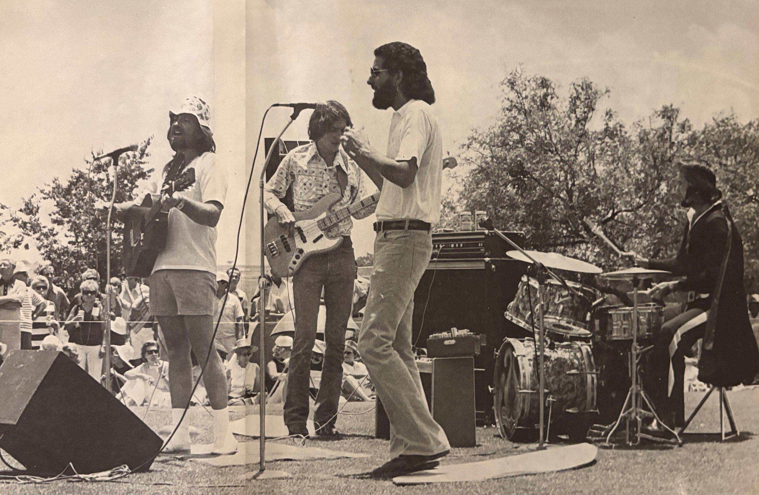 Willie Nelson, Bee Spears, Mickey Raphael, and Paul English playing the opening of the Onion Creek Club, 1973.